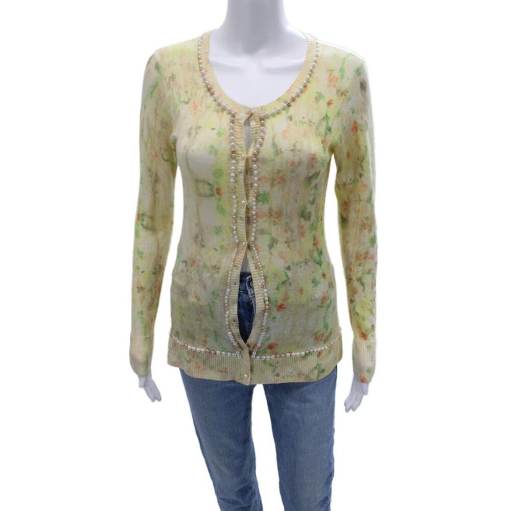 Zac Posen Women Floral Yellow Wool Blend Long Sleeve Round Neck Cardigan Size S